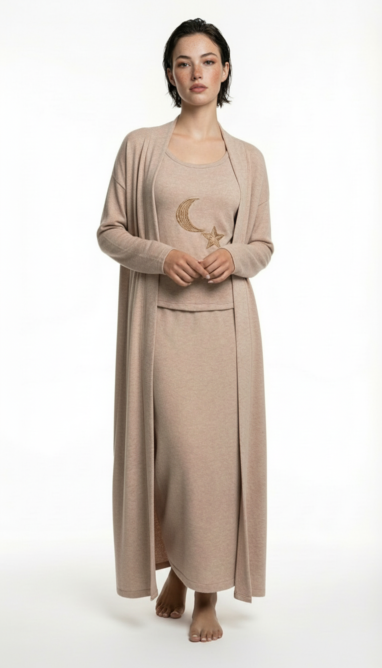 Woman wearing a beige long-sleeve top and skirt set on a white background