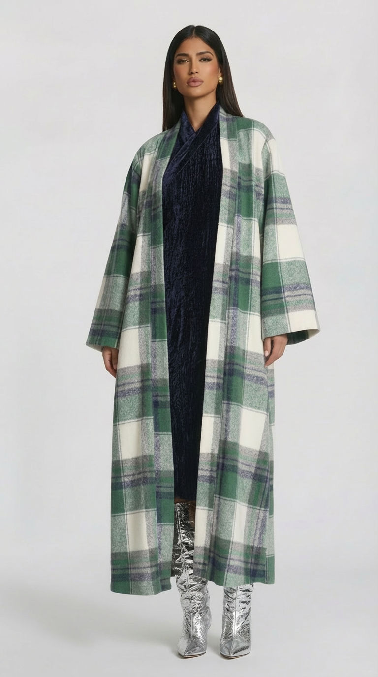 Woman wearing a long plaid coat on a white background