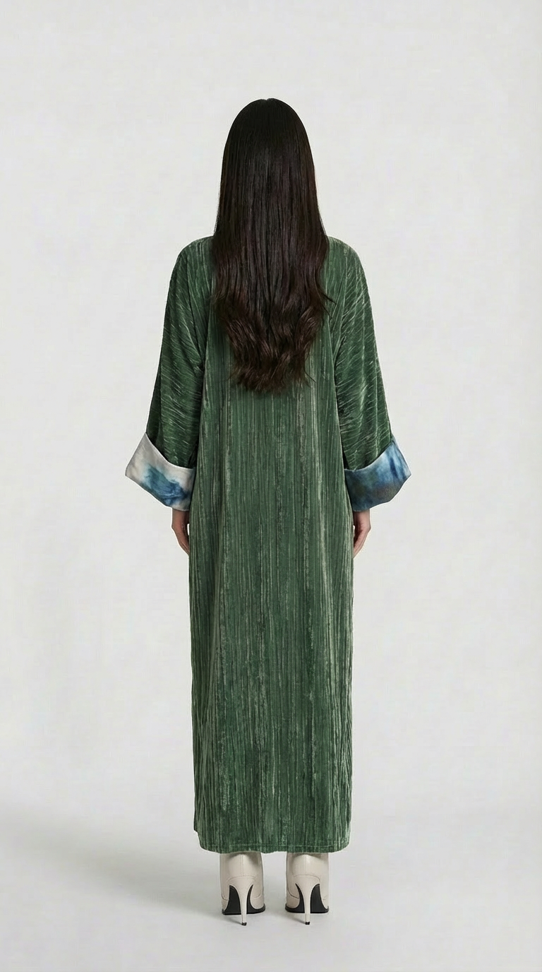 Person wearing a green textured dress with white shoes on a white background