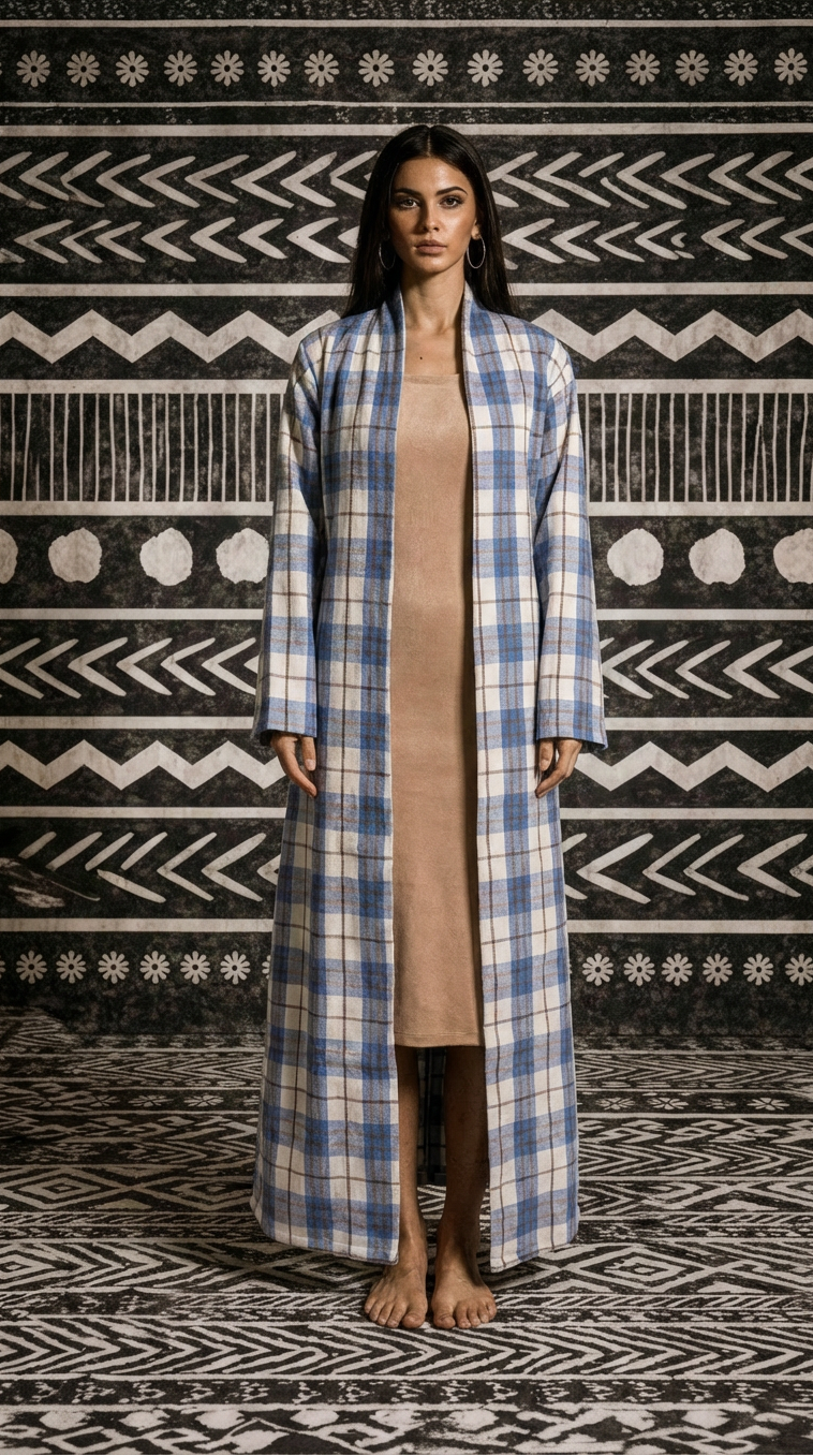 Woman wearing a long blue and white checkered coat against a patterned wall.