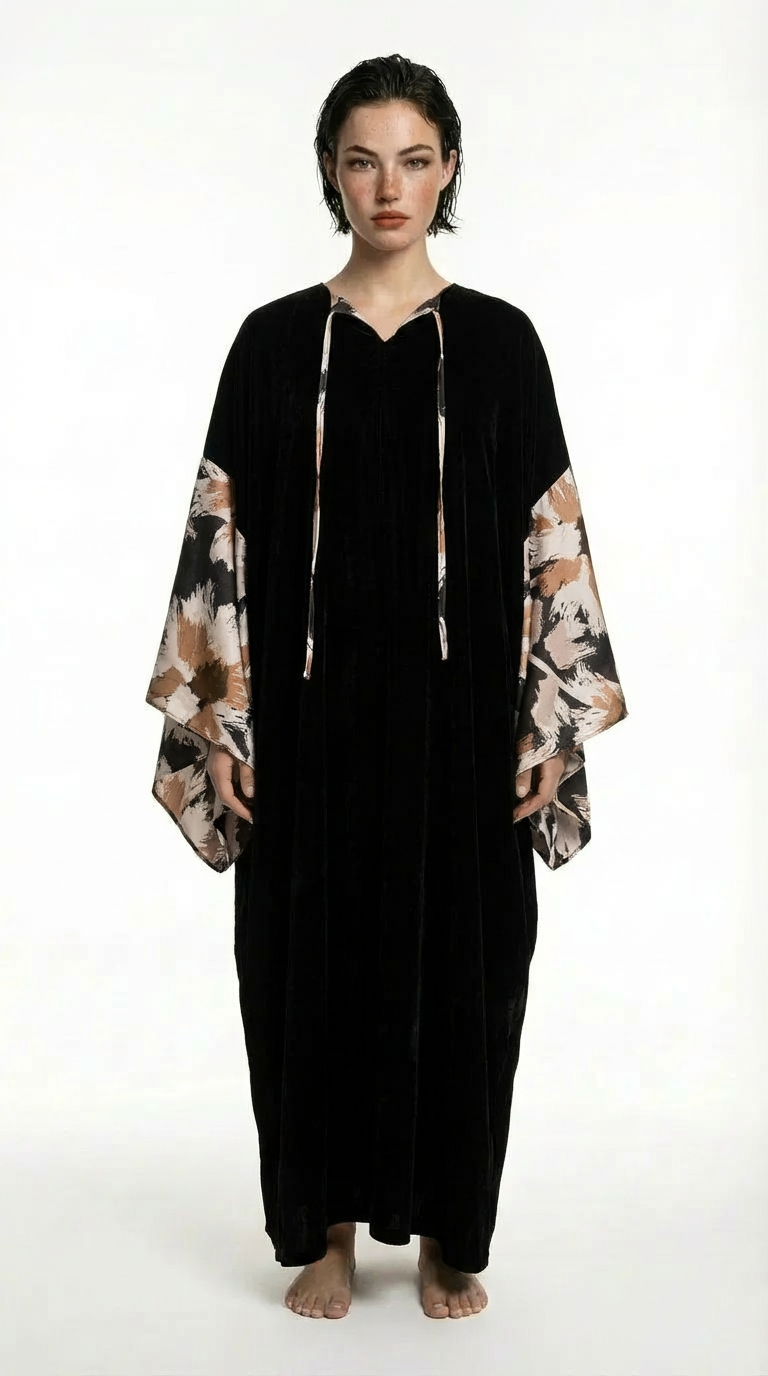 Woman wearing a black dress with floral sleeves on a white background