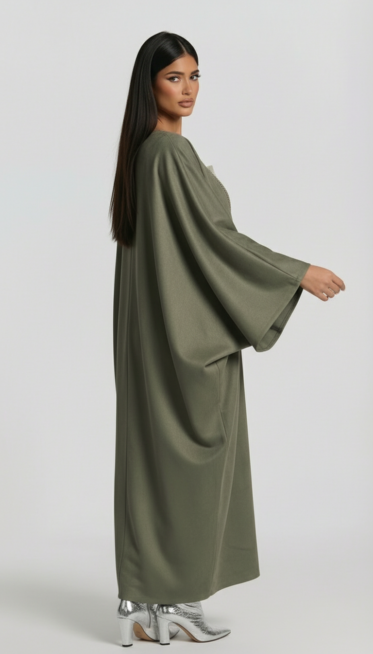 Woman wearing a long olive green dress on a white background