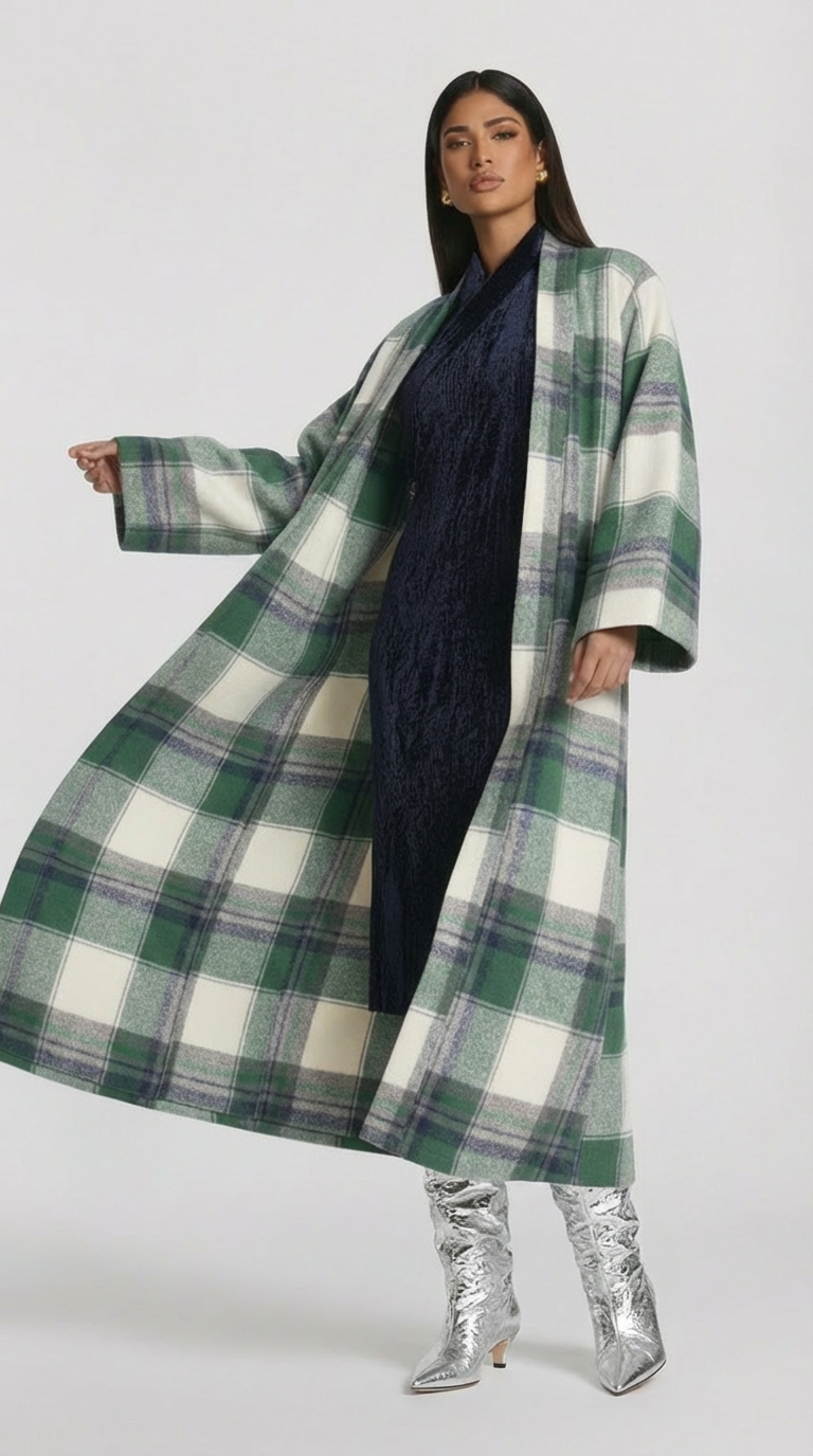 Woman wearing a long plaid coat with a white background