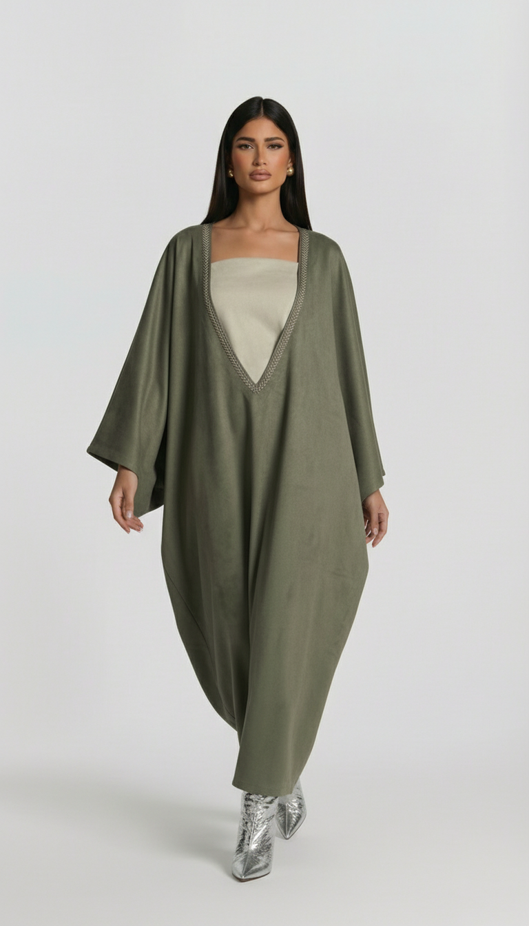 Woman wearing a long olive green dress with a plain white background